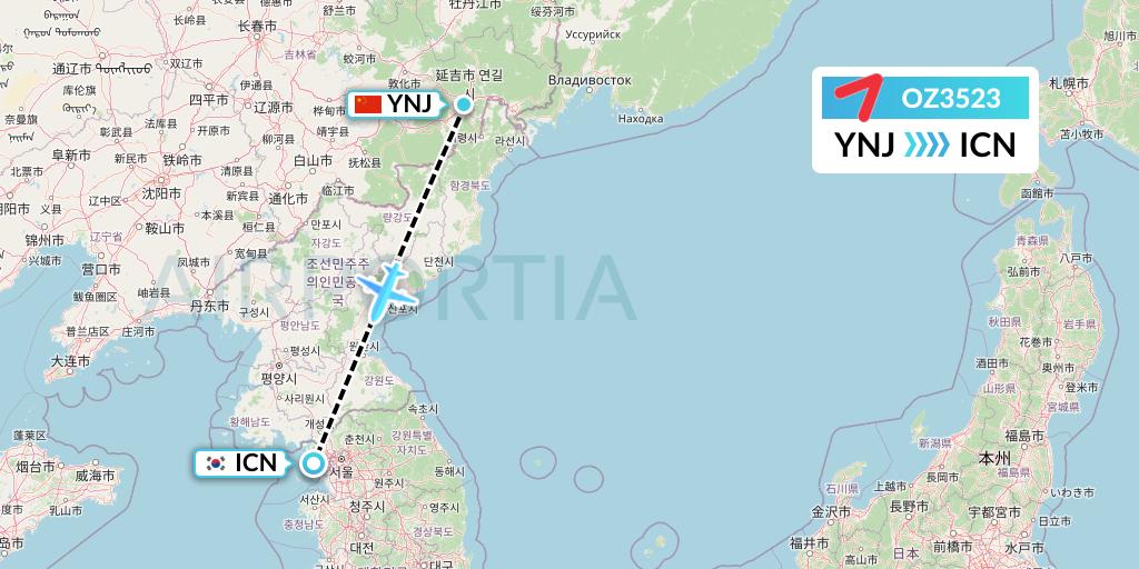 OZ3523 Asiana Airlines Flight Map: Yanji to Seoul