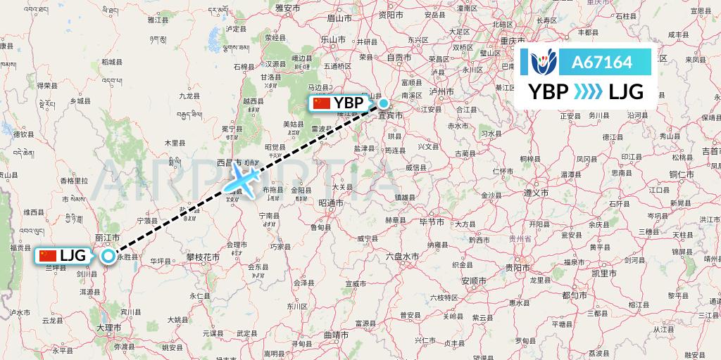 A67164 Hongtu Airlines Flight Map: Yibin to Lijiang