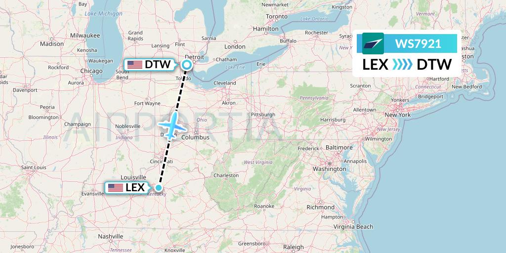 WS7921 WestJet Flight Map: Lexington to Detroit