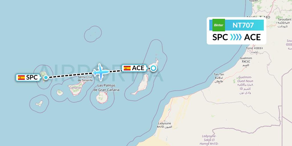 NT707 Binter Canarias Flight Map: La Palma to Lanzarote