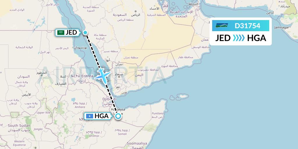D31754 Daallo Airlines Flight Map: Jeddah to Hargeisa