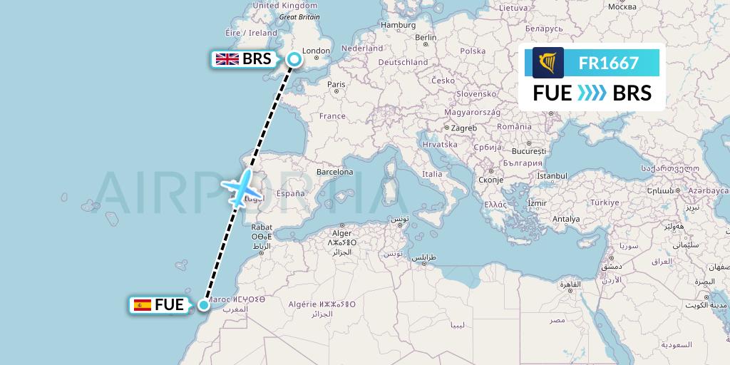 FR1667 Ryanair Flight Map: Fuerteventura to Bristol