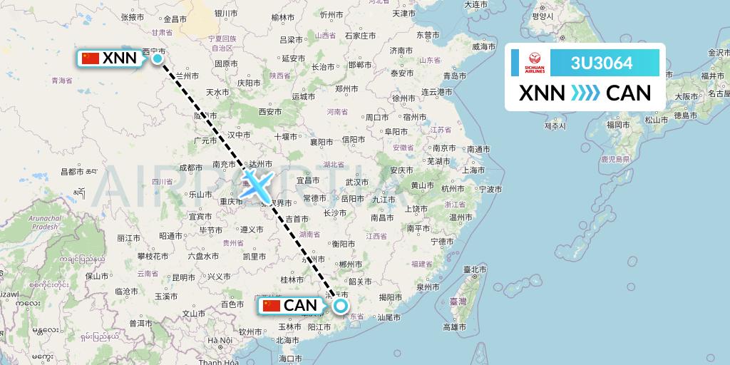 3U3064 Sichuan Airlines Flight Map: Xining to Guangzhou