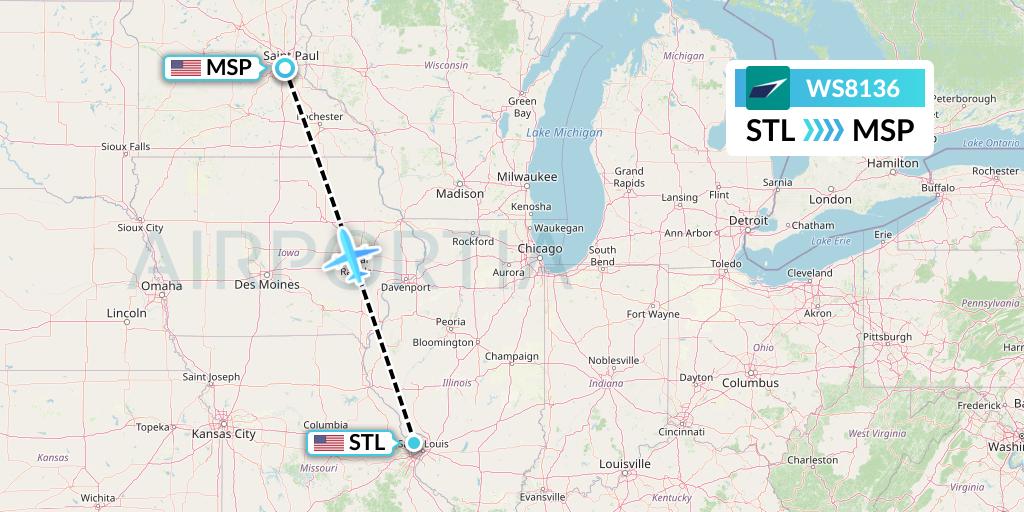 WS8136 WestJet Flight Map: St. Louis to Minneapolis