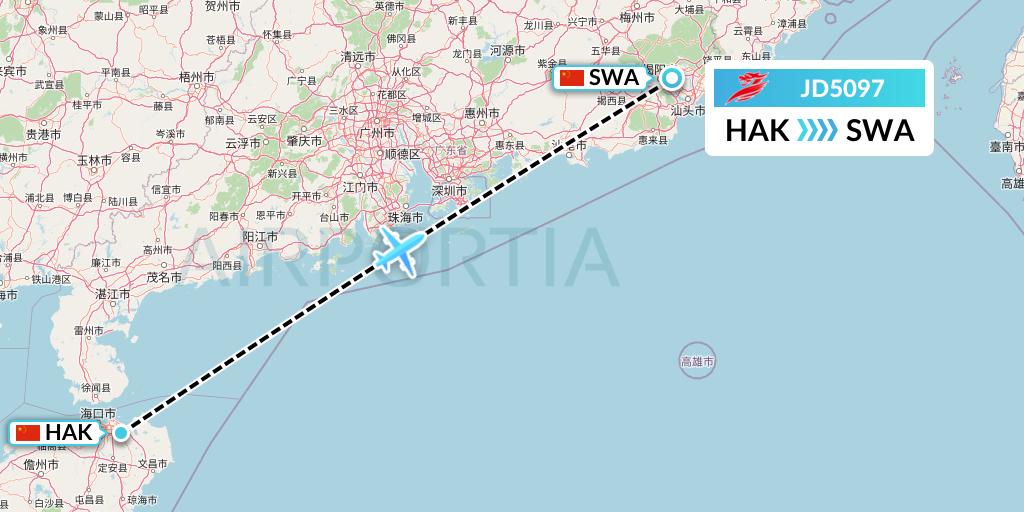 JD5097 Capital Airlines Flight Map: Haikou to Jieyang