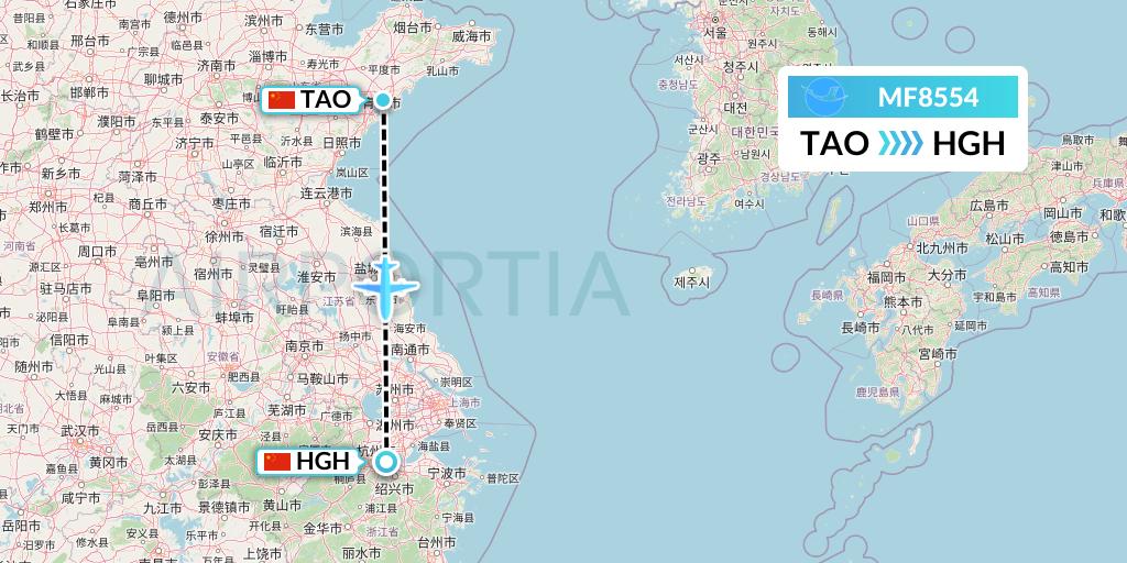 MF8554 Xiamen Airlines Flight Map: Qingdao to Hangzhou