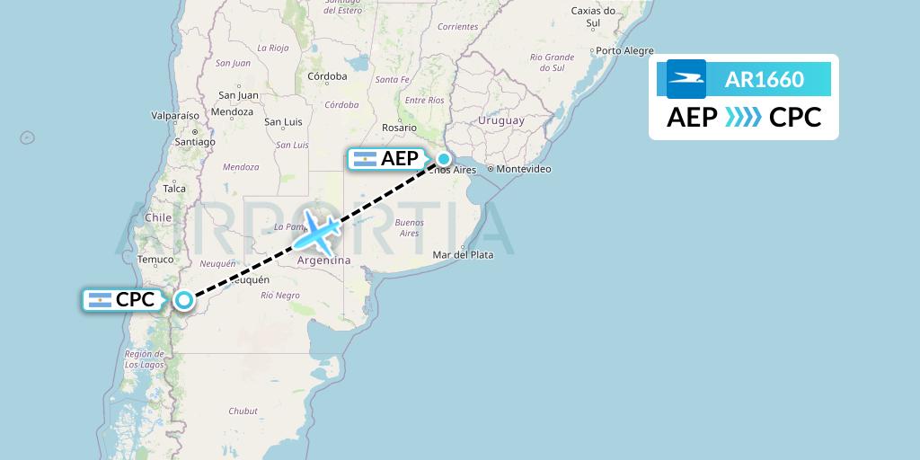 AR1660 Aerolineas Argentinas Flight Map: Buenos Aires to San Martin de los Andes