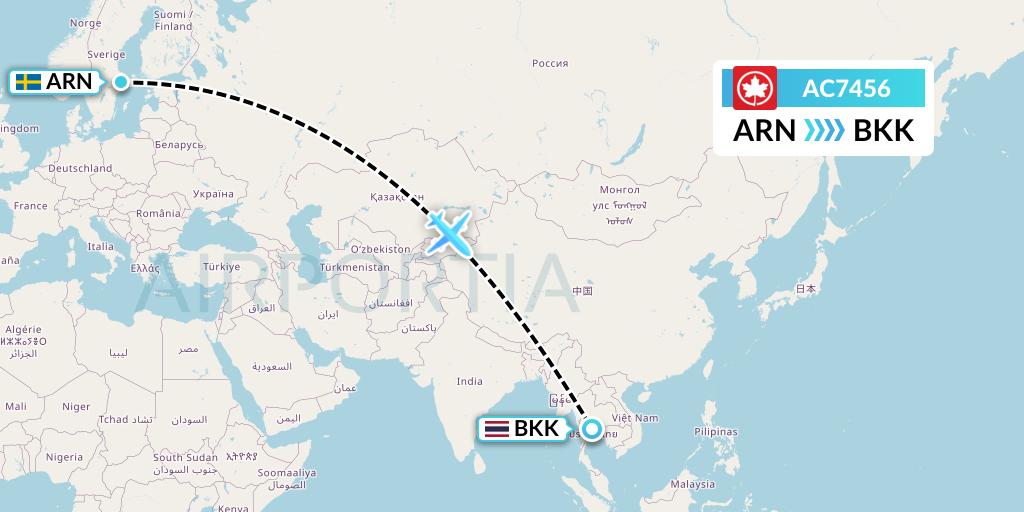 AC7456 Air Canada Flight Map: Stockholm to Bangkok