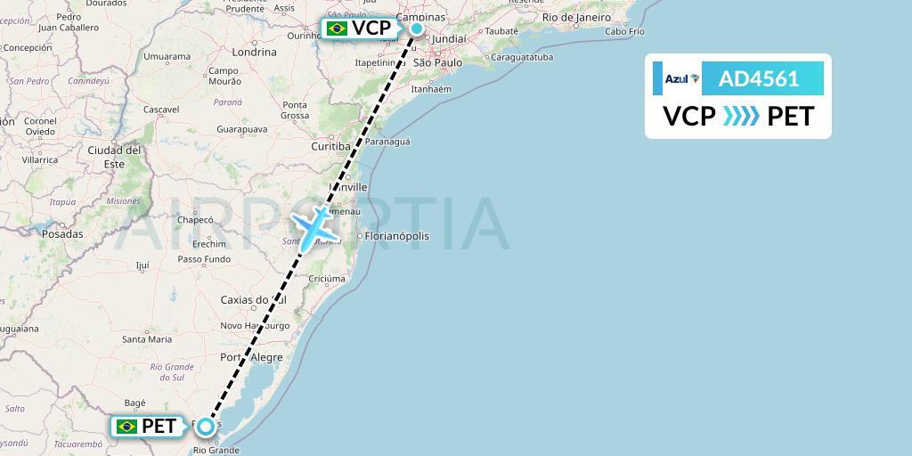 AD4561 Azul Brazilian Airlines Flight Map: Campinas to Pelotas