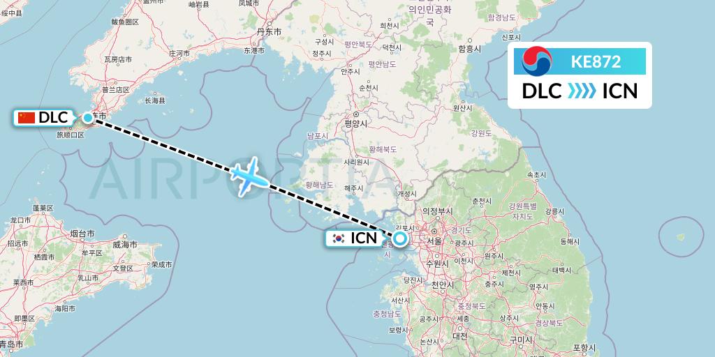 KE872 Korean Air Flight Map: Dalian to Seoul