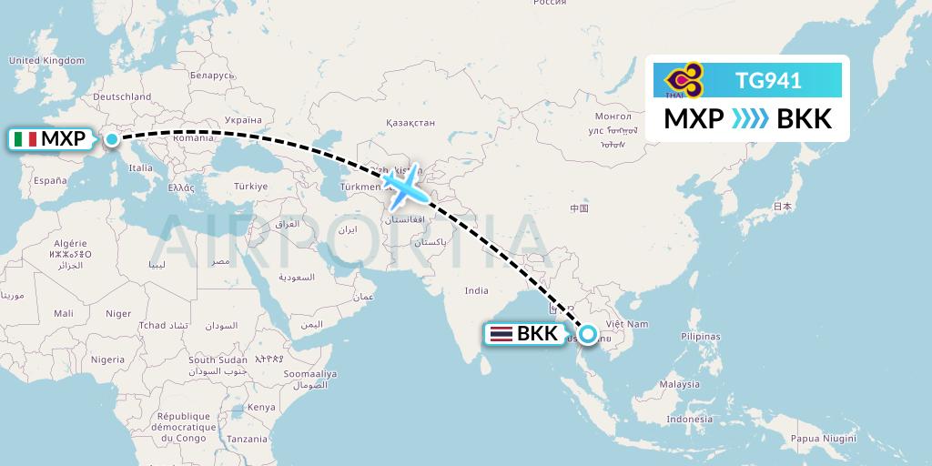 TG941 Thai Airways Flight Map: Milan to Bangkok