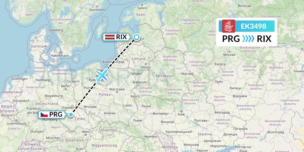 EK3498 Emirates Flight Map: Prague to Riga