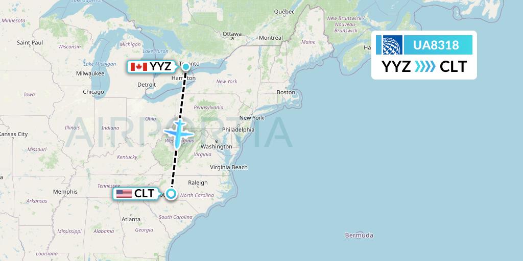 UA8318 United Airlines Flight Map: Toronto to Charlotte