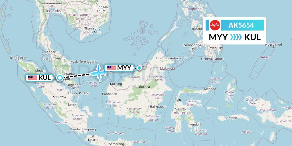 AK5654 AirAsia Flight Map: Miri to Kuala Lumpur
