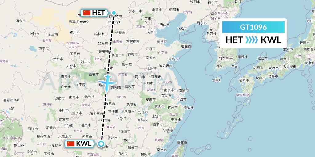 GT1096 Air Guilin Flight Map: Hohhot to Guilin