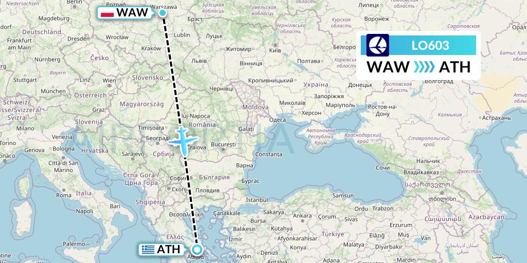LO603 LOT Flight Map: Warsaw to Athens
