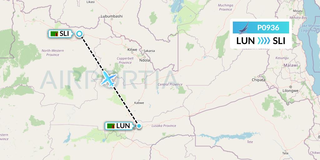 P0936 Proflight Air Services Flight Map: Lusaka to Solwesi