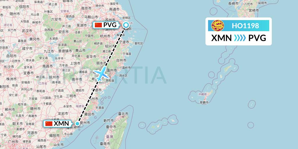 HO1198 Juneyao Airlines Flight Map: Xiamen to Shanghai