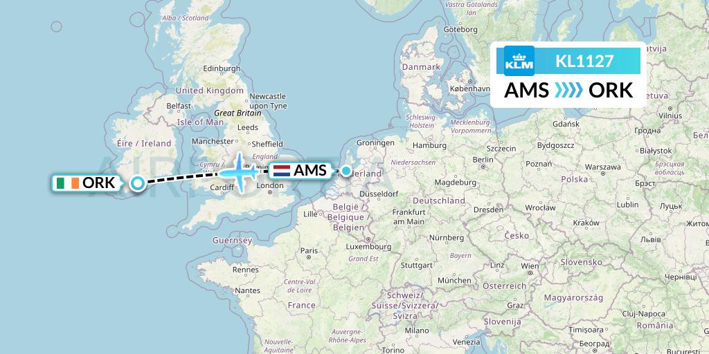 KL1127 KLM Flight Map: Amsterdam to Cork