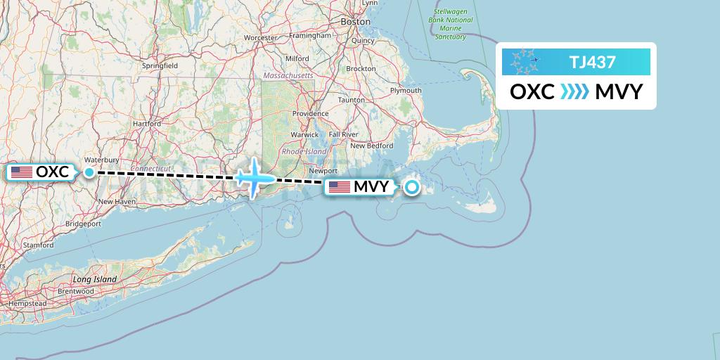 TJ437 Tradewind Aviation Flight Map: Oxford to Martha's Vineyard