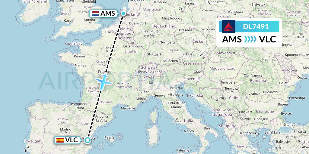 DL7491 Delta Air Lines Flight Map: Amsterdam to Valencia