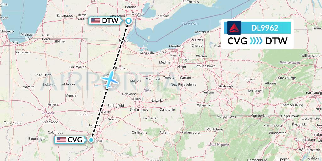 DL9962 Delta Air Lines Flight Map: Cincinnati to Detroit