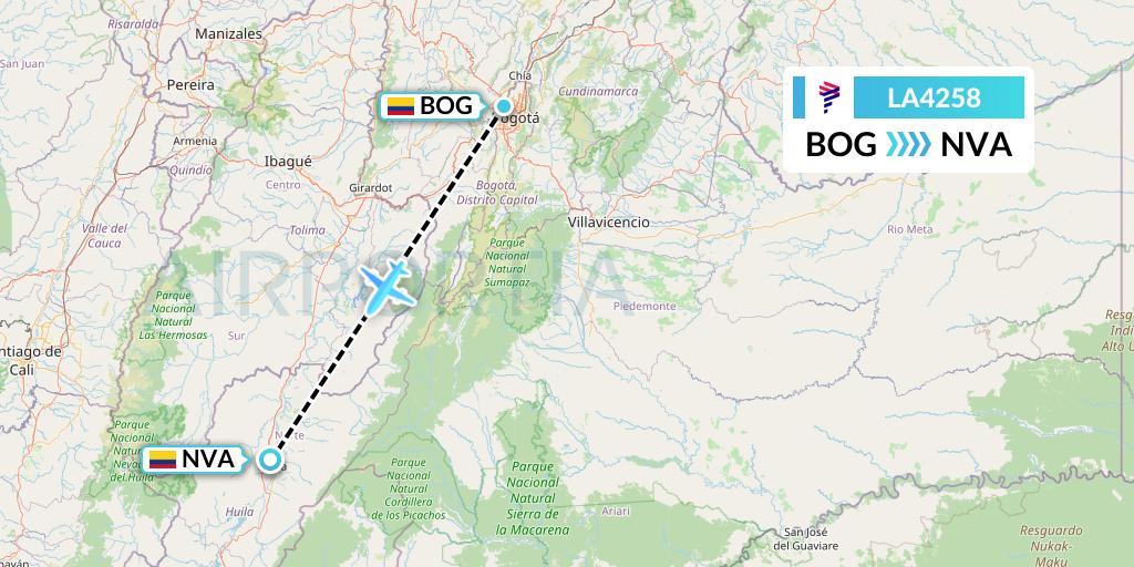 LA4258 LAN Airlines Flight Map: Bogota to Neiva