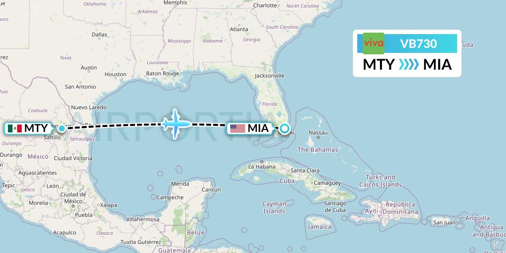 VB730 VivaAerobus Flight Map: Monterrey to Miami