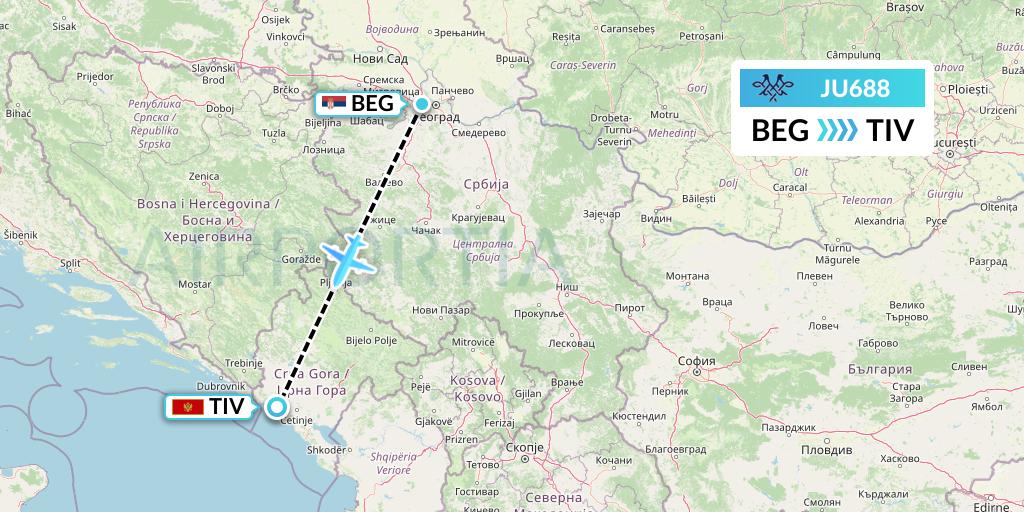 JU688 AirSERBIA Flight Map: Belgrade to Tivat