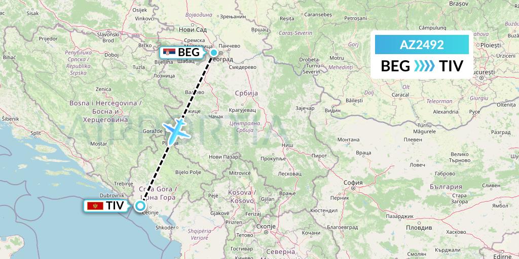 AZ2492 ITA Airways Flight Map: Belgrade to Tivat