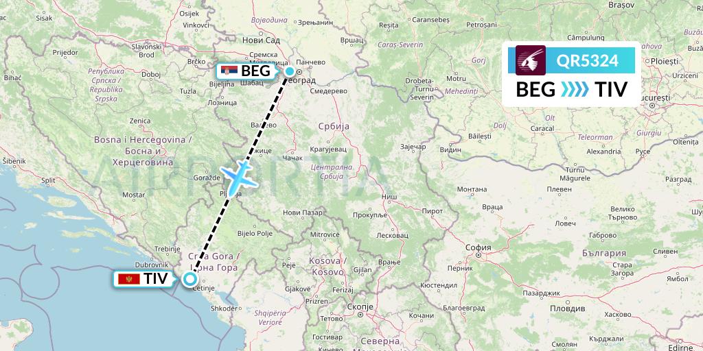QR5324 Qatar Airways Flight Map: Belgrade to Tivat