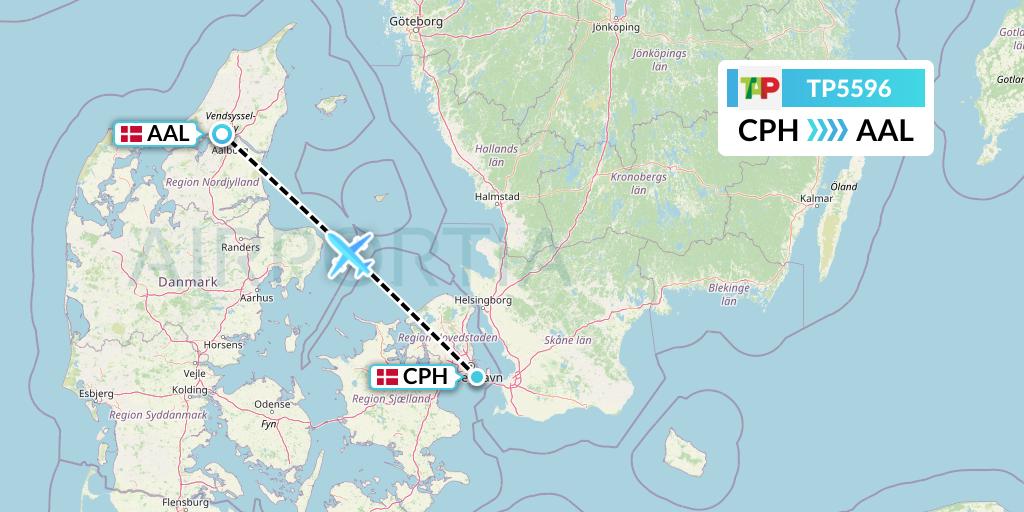 TP5596 TAP Portugal Flight Map: Copenhagen to Aalborg