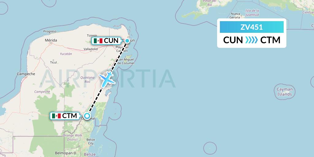 ZV451 Aerus Flight Map: Cancun to Chetumal