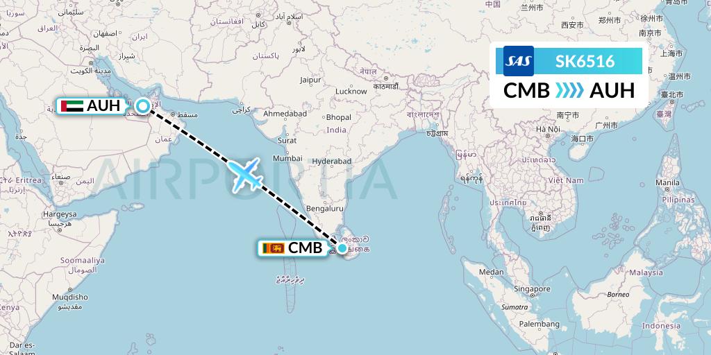 SK6516 SAS Flight Map: Colombo to Abu Dhabi
