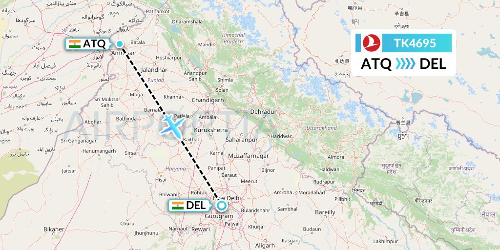 TK4695 Turkish Airlines Flight Map: Amritsar to Delhi