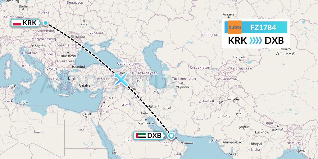 FZ1784 FlyDubai Flight Map: Krakow to Dubai