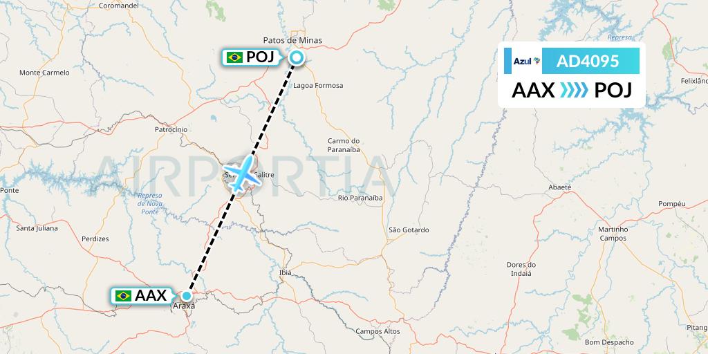 AD4095 Azul Brazilian Airlines Flight Map: Araxa to Patos de Minas