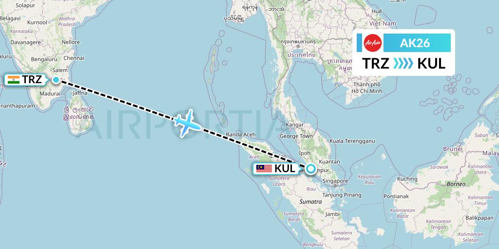 AK26 AirAsia Flight Map: Tiruchirapalli to Kuala Lumpur
