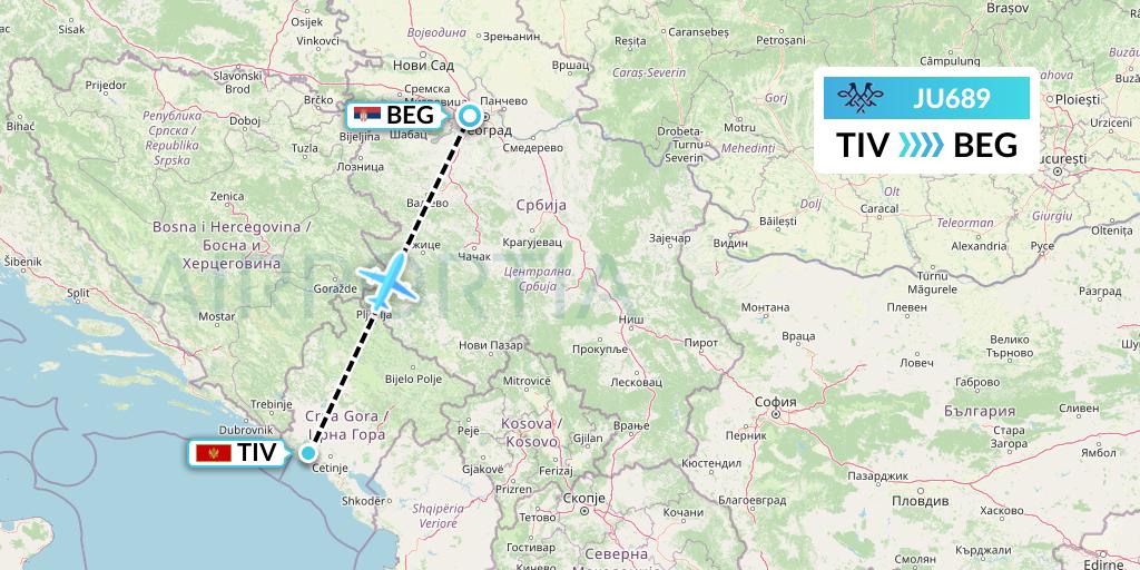 JU689 AirSERBIA Flight Map: Tivat to Belgrade