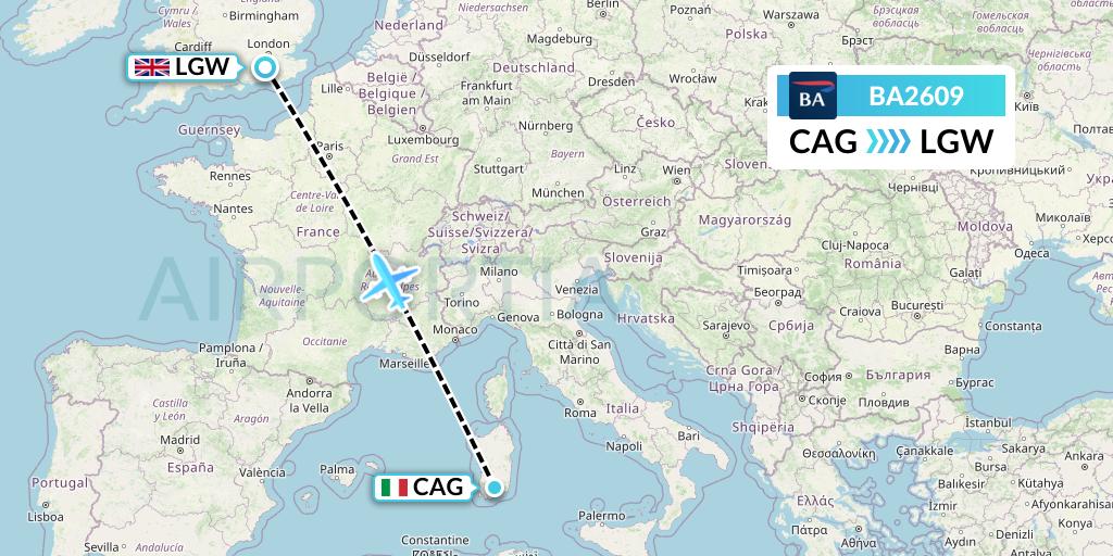 BA2609 British Airways Flight Map: Cagliari to London