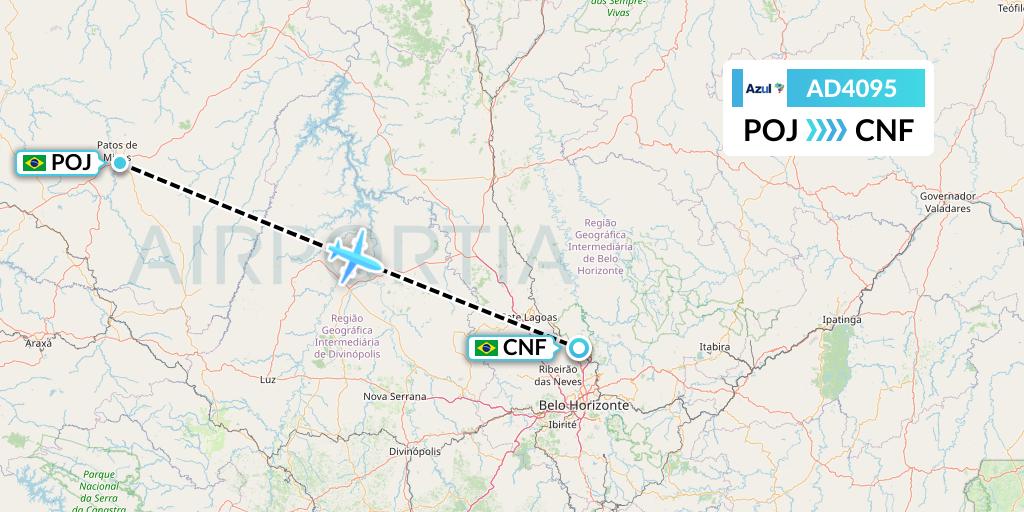 AD4095 Azul Brazilian Airlines Flight Map: Patos de Minas to Belo Horizonte