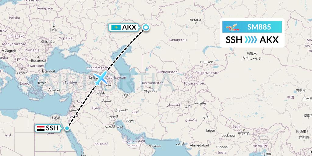 SM885 Air Cairo Flight Map: Sharm el-Sheikh to Aktobe