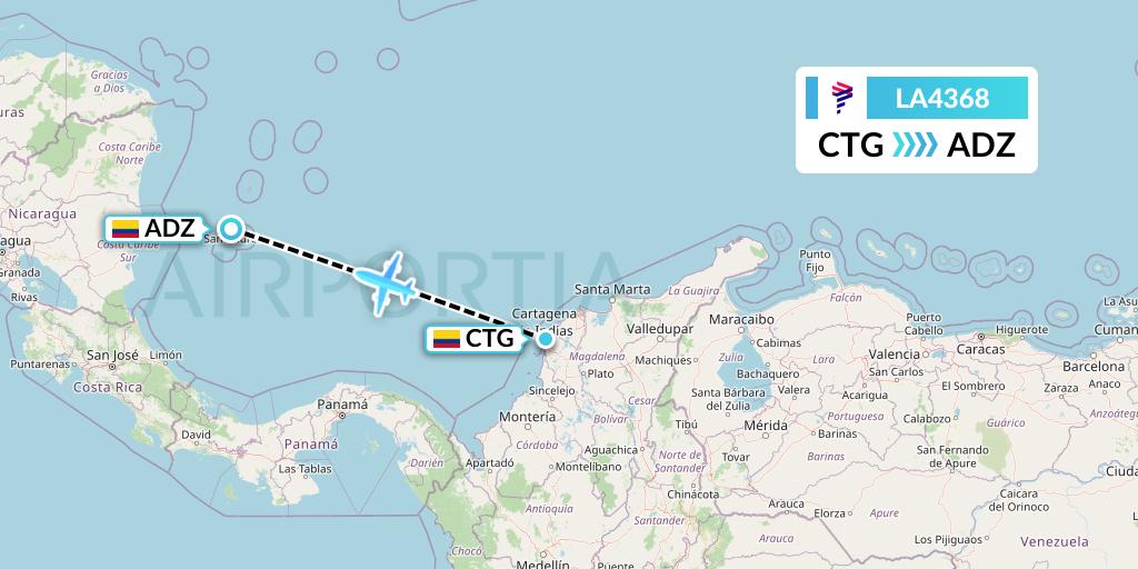 LA4368 LAN Airlines Flight Map: Cartagena to San Andres Island
