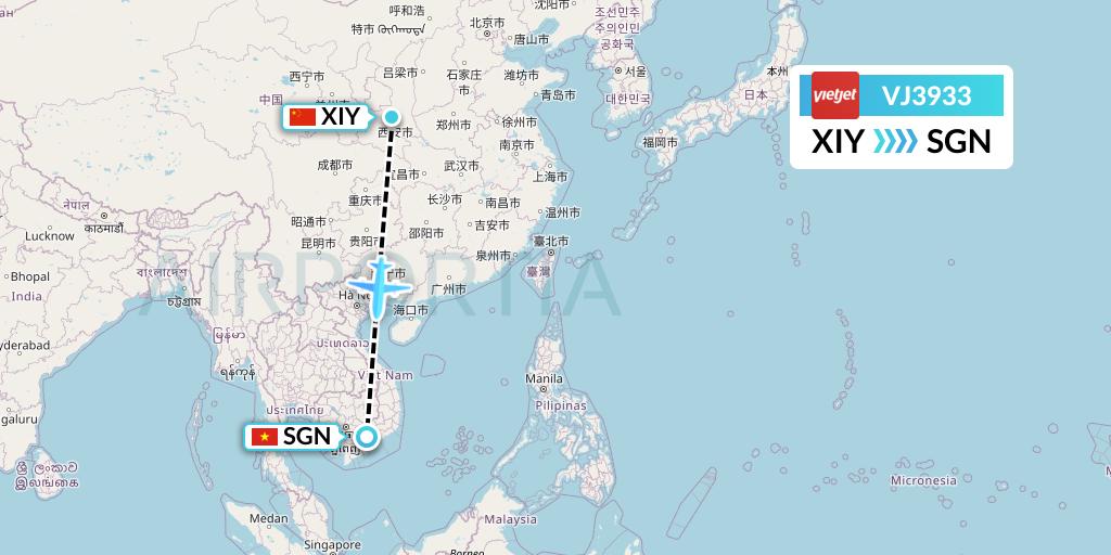 VJ3933 VietJet Air Flight Map: Xi'an to Ho Chi Minh City