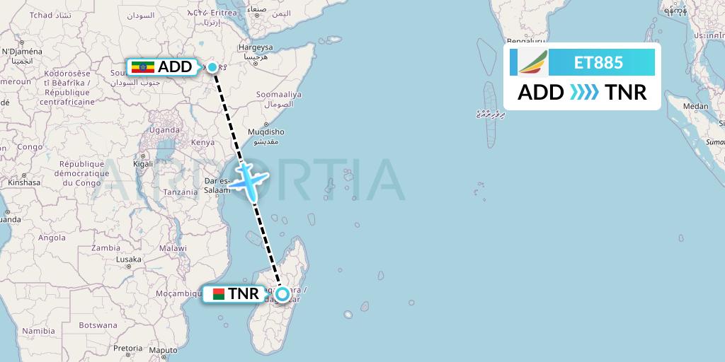 ET885 Ethiopian Airlines Flight Map: Addis Ababa to Antananarivo