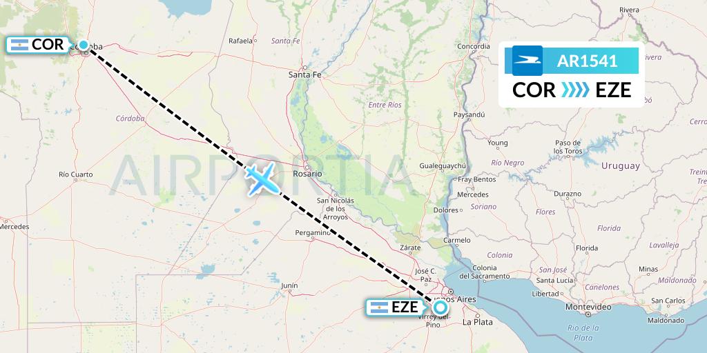 AR1541 Aerolineas Argentinas Flight Map: Cordoba to Buenos Aires