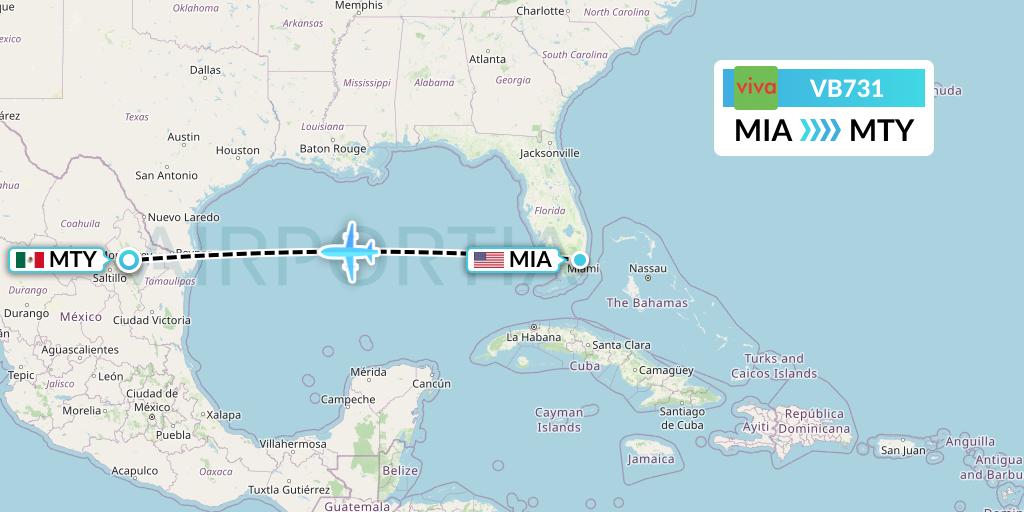 VB731 VivaAerobus Flight Map: Miami to Monterrey