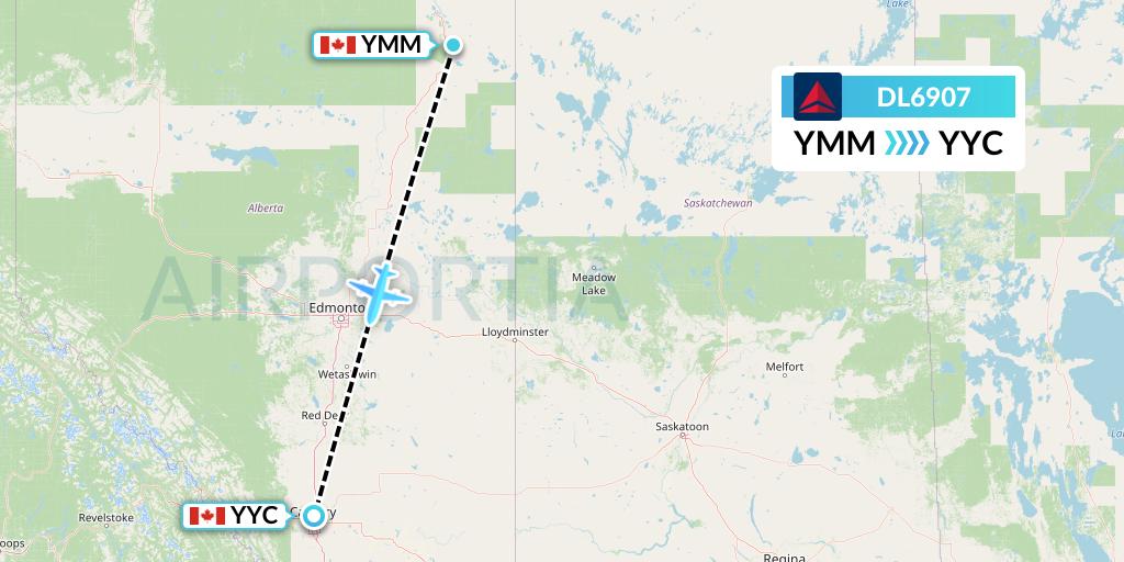 DL6907 Delta Air Lines Flight Map: Fort McMurray to Calgary