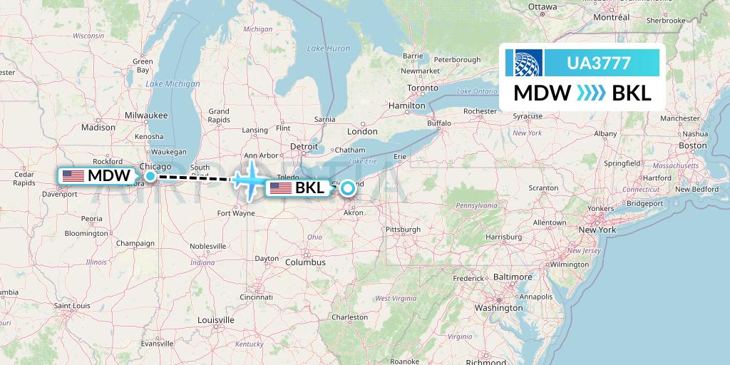 UA3777 United Airlines Flight Map: Chicago to Cleveland