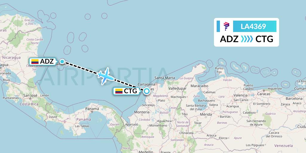 LA4369 LAN Airlines Flight Map: San Andres Island to Cartagena